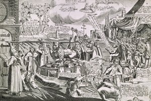 Martin Luther writing on the church door at Wittenberg in 1517 by Swiss School